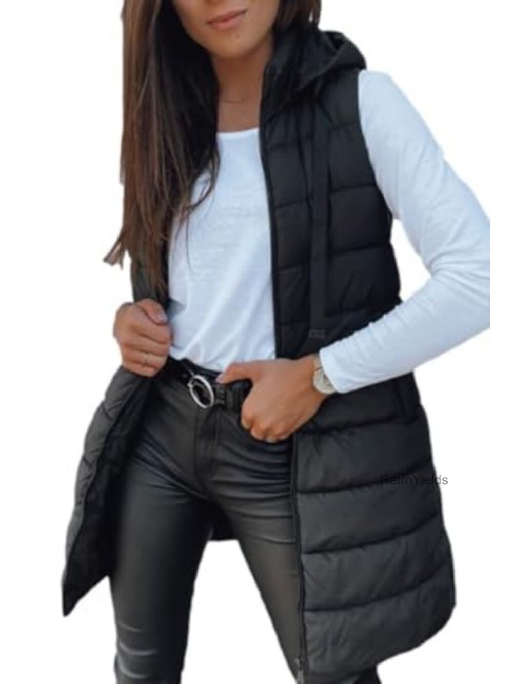 Women Long Puffer Vest Sleeveless Hooded Quilted Winter Lightweight 100%